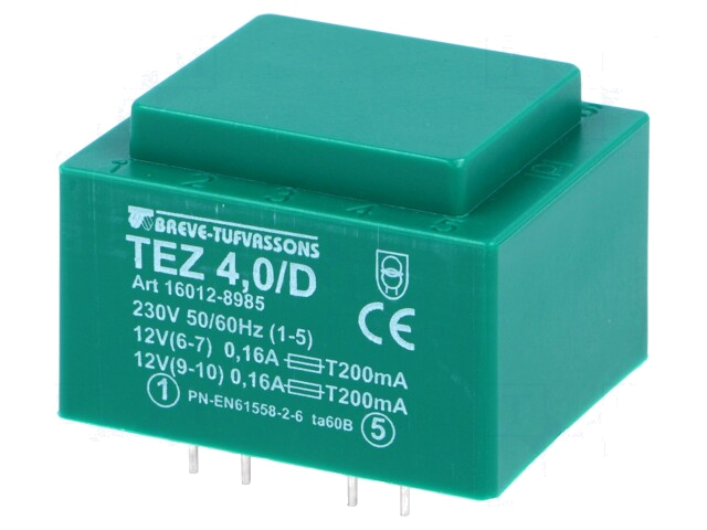 Transformator: ingegoten; 4VA; 230VAC; 12V; 12V; 166,6mA; 166,6mA Transformator: ingegoten; 4VA; 230VAC; 12V; 12V; 166,6mA; 166,6mA
